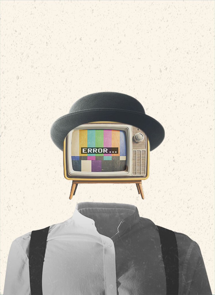 old style im age of a human torso in a white shier, he has a tv floating as a head that says error