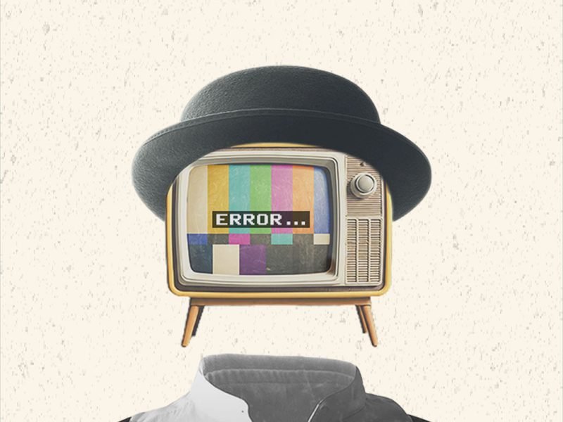 old style im age of a human torso in a white shier, he has a tv floating as a head that says error