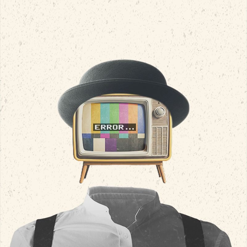 old style im age of a human torso in a white shier, he has a tv floating as a head that says error