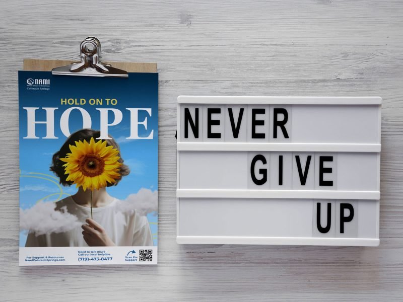 Blue Flyer with a white sign next to it that says never give up