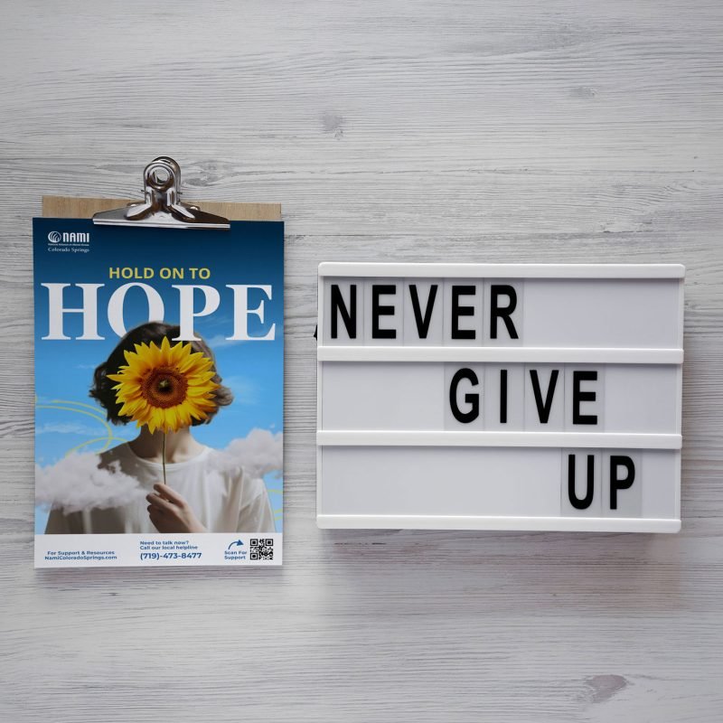 Blue Flyer with a white sign next to it that says never give up