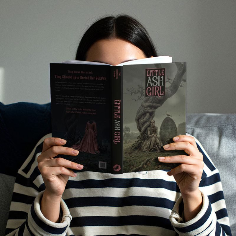 Woman holding a book open in front of her face